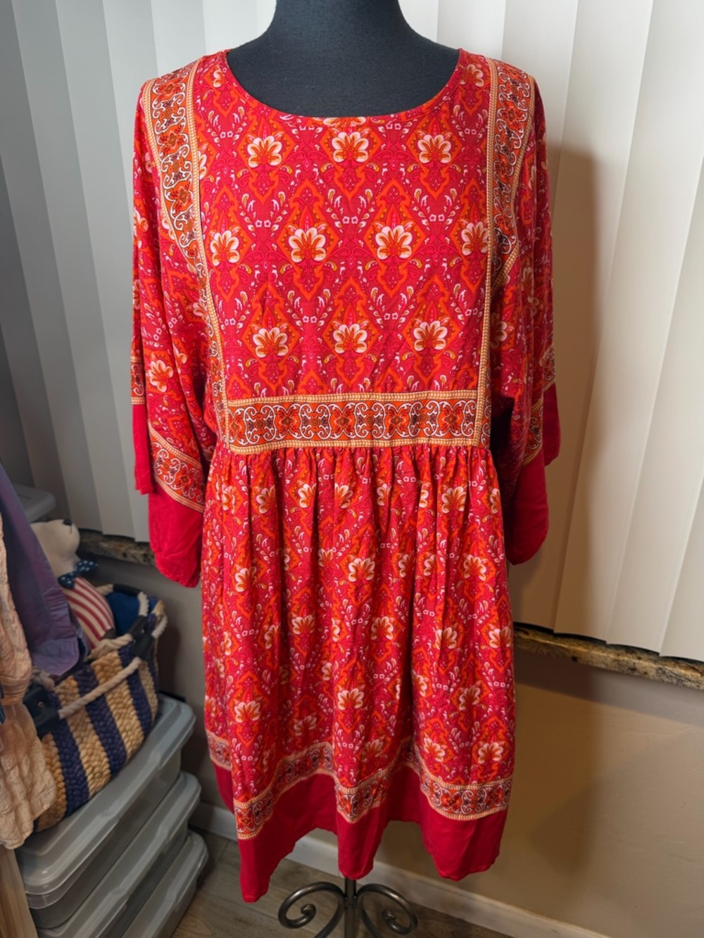 R.Vivimos Red Orange Vibrant Bohemian Tunic Dress Large 12/14